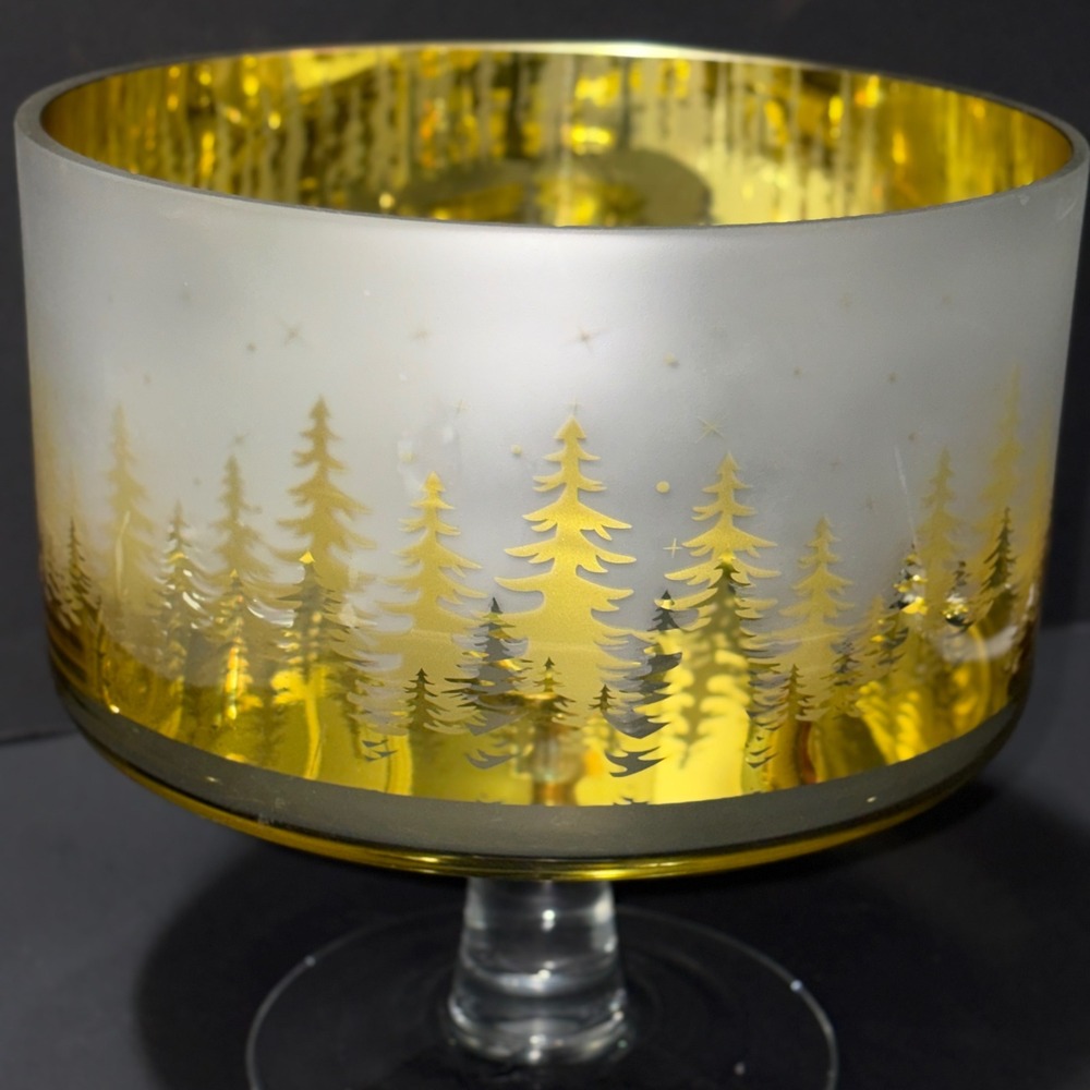 Trifle Bowl Christmas Gold Frosted Glass Pine Tree Forest Holiday Centerpiece 7" - Picture 11 of 16